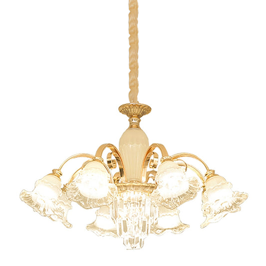 Gold 8 Lights Ceiling Pendant Modern Clear and Frosted Glass Flower Chandelier with Crystal Accent Clearhalo 'Ceiling Lights' 'Chandeliers' 'Modern Chandeliers' 'Modern' Lighting' 1193196