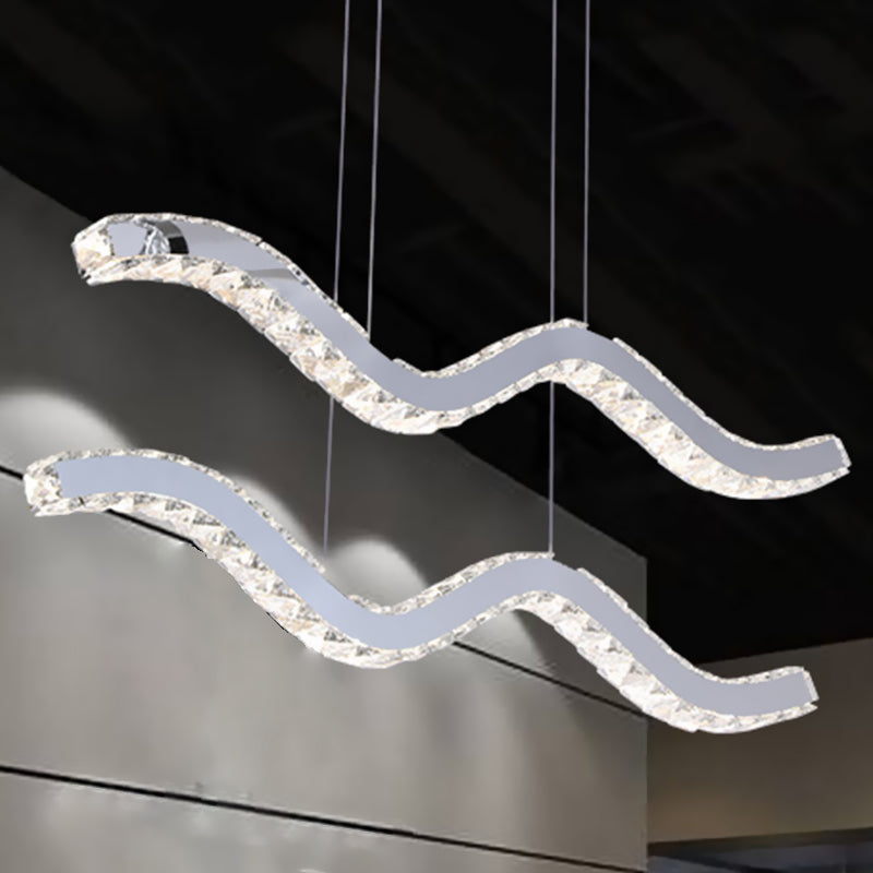 Wavy Crystal Strip Island Pendant Minimalistic Office LED Hanging Light Fixture in Stainless Steel Stainless-Steel Clearhalo 'Ceiling Lights' 'Island Lights' Lighting' 1193443