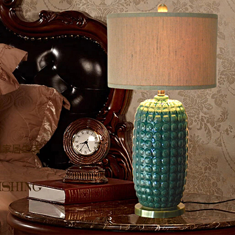 Green Cylindrical Base Nightstand Lamp Retro Porcelain 1 Head Living Room Table Light with Drum Fabric Shade Clearhalo 'Lamps' 'Table Lamps' Lighting' 1193578