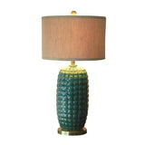 Green Cylindrical Base Nightstand Lamp Retro Porcelain 1 Head Living Room Table Light with Drum Fabric Shade Clearhalo 'Lamps' 'Table Lamps' Lighting' 1193579