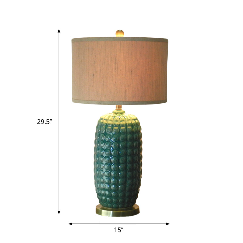 Green Cylindrical Base Nightstand Lamp Retro Porcelain 1 Head Living Room Table Light with Drum Fabric Shade Clearhalo 'Lamps' 'Table Lamps' Lighting' 1193580