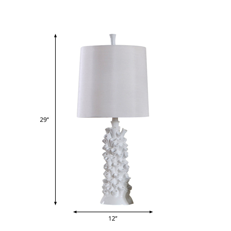 Barrel Shade Night Table Lamp Antiqued 1 Head Fabric Desk Light in White with Resin Base Clearhalo 'Lamps' 'Table Lamps' Lighting' 1193588