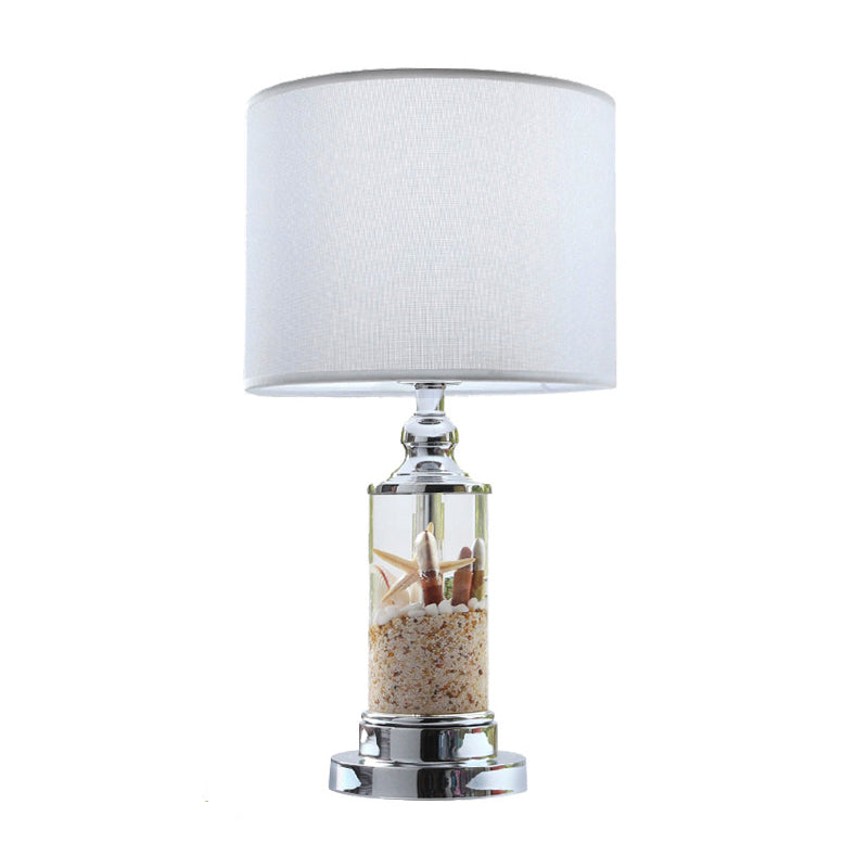 1-Light Metal Night Table Lamp Antique Style White Cylindrical Base Bedroom Table Light with Drum Fabric Shade Clearhalo 'Lamps' 'Table Lamps' Lighting' 1193595