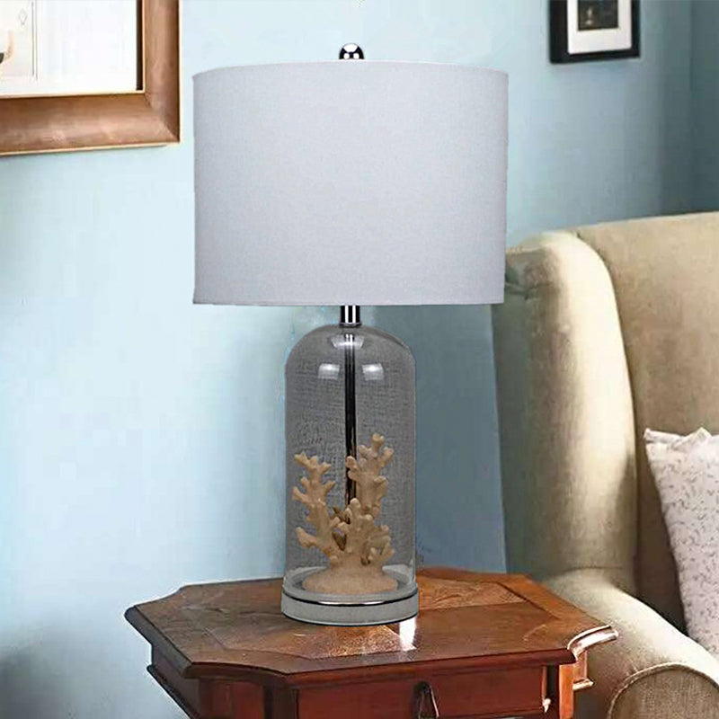 Antiqued Style Drum Shade Table Light Fabric 1-Light Nightstand Lamp in White with Cylindrical Glass Base White Clearhalo 'Lamps' 'Table Lamps' Lighting' 1193605