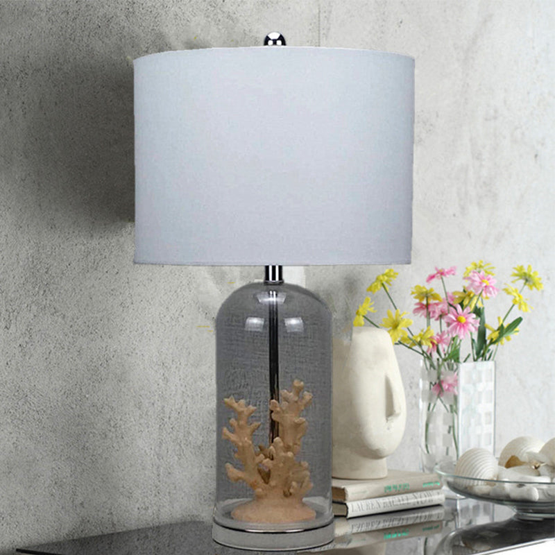 Antiqued Style Drum Shade Table Light Fabric 1-Light Nightstand Lamp in White with Cylindrical Glass Base Clearhalo 'Lamps' 'Table Lamps' Lighting' 1193606