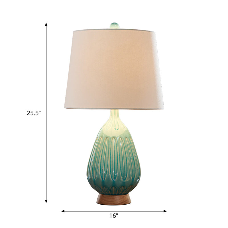 Raindrop-Like Porcelain Nightstand Lamp Retro 1 Bulb Bedside Table Light in Green with Barrel Fabric Shade Clearhalo 'Lamps' 'Table Lamps' Lighting' 1193628