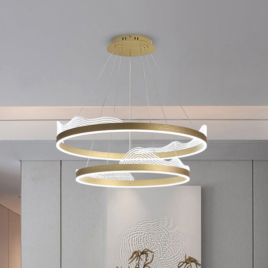 2-Tier Hoop Bedroom Pendant Chandelier Metallic LED Modern Ceiling Hang Fixture in Gold, White/Warm/Natural Light Clearhalo 'Ceiling Lights' 'Chandeliers' 'Modern Chandeliers' 'Modern' Lighting' 1193674