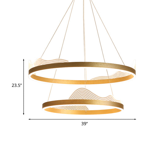 2-Tier Hoop Bedroom Pendant Chandelier Metallic LED Modern Ceiling Hang Fixture in Gold, White/Warm/Natural Light Clearhalo 'Ceiling Lights' 'Chandeliers' 'Modern Chandeliers' 'Modern' Lighting' 1193676