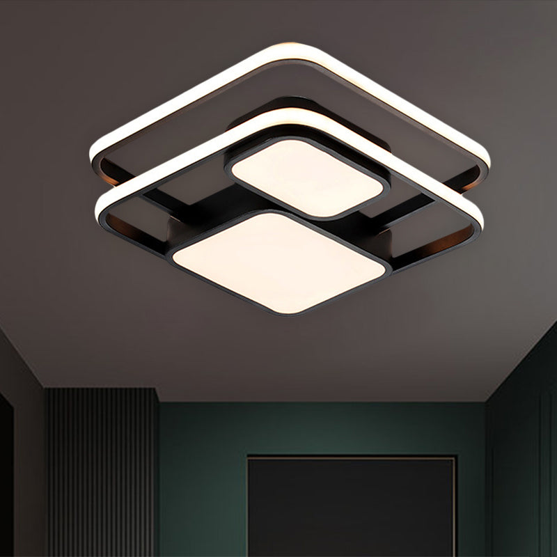 Metallic Squared Flush Mounted Lamp Contemporary White/Black LED Flush Light in White/Warm Light, 16.5"/20.5" W - Clearhalo - 'Ceiling Lights' - 'Close To Ceiling Lights' - 'Close to ceiling' - 'Flush mount' - Lighting' - 1194015