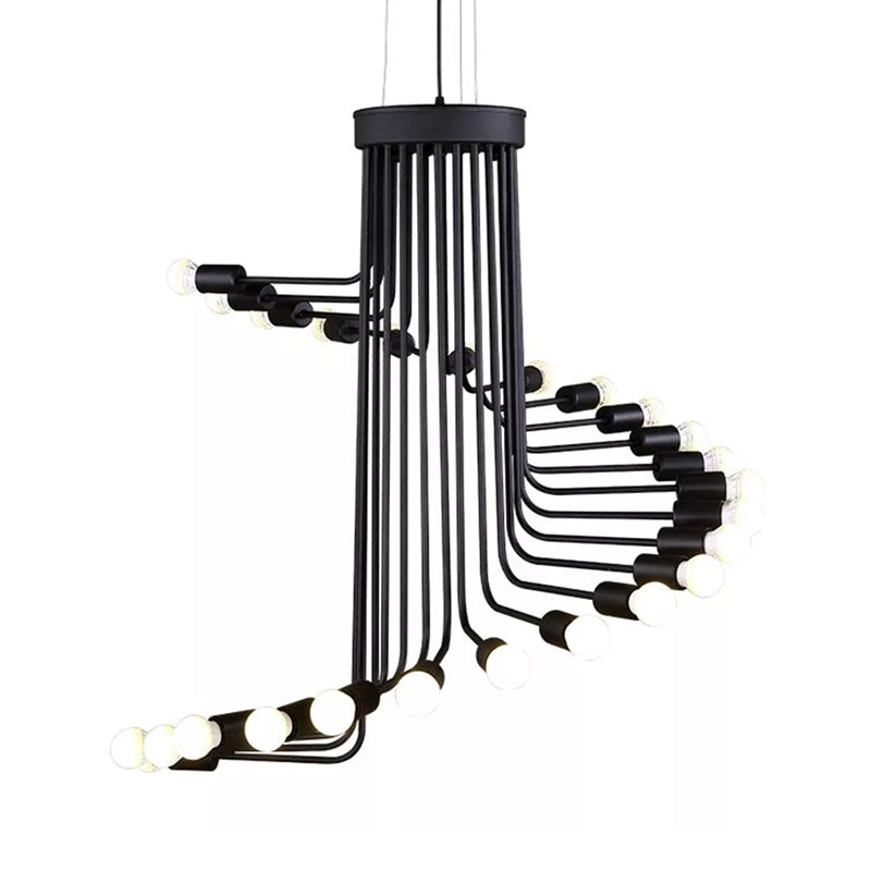 Industrial Angled Arm Ceiling Chandelier with Spiral Design Iron 16/26 Bulbs Dining Room Pendant in Black Clearhalo 'Cast Iron' 'Ceiling Lights' 'Chandeliers' 'Industrial Chandeliers' 'Industrial' 'Metal' 'Middle Century Chandeliers' 'Rustic Chandeliers' 'Tiffany' Lighting' 1194077