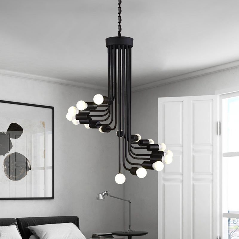 Industrial Angled Arm Ceiling Chandelier with Spiral Design Iron 16/26 Bulbs Dining Room Pendant in Black Clearhalo 'Cast Iron' 'Ceiling Lights' 'Chandeliers' 'Industrial Chandeliers' 'Industrial' 'Metal' 'Middle Century Chandeliers' 'Rustic Chandeliers' 'Tiffany' Lighting' 1194080