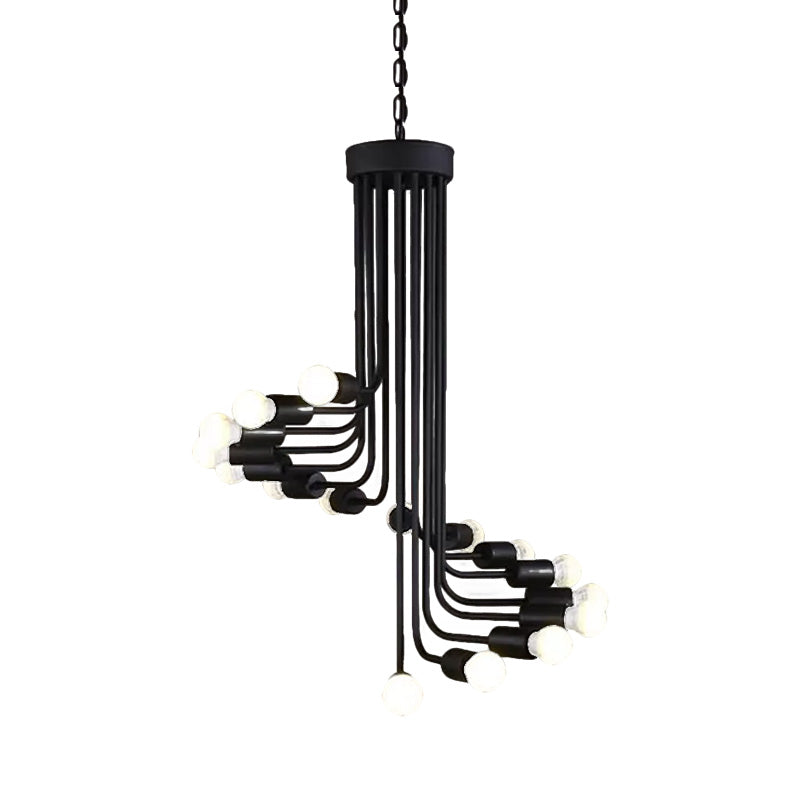 Industrial Angled Arm Ceiling Chandelier with Spiral Design Iron 16/26 Bulbs Dining Room Pendant in Black Clearhalo 'Cast Iron' 'Ceiling Lights' 'Chandeliers' 'Industrial Chandeliers' 'Industrial' 'Metal' 'Middle Century Chandeliers' 'Rustic Chandeliers' 'Tiffany' Lighting' 1194081