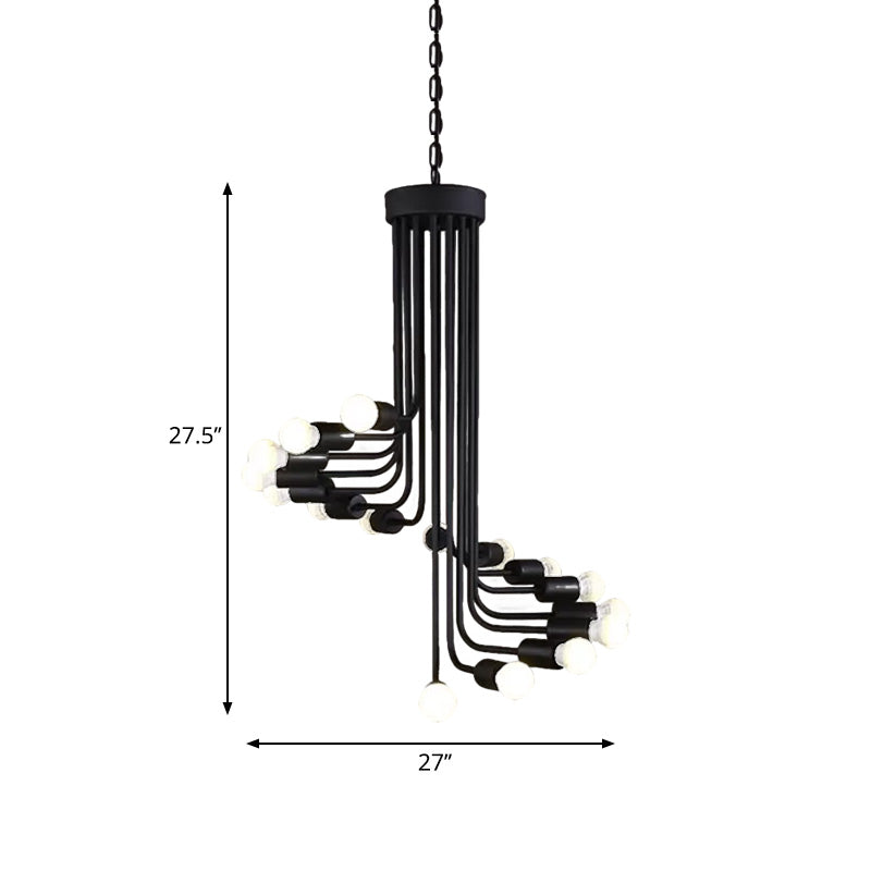 Industrial Angled Arm Ceiling Chandelier with Spiral Design Iron 16/26 Bulbs Dining Room Pendant in Black Clearhalo 'Cast Iron' 'Ceiling Lights' 'Chandeliers' 'Industrial Chandeliers' 'Industrial' 'Metal' 'Middle Century Chandeliers' 'Rustic Chandeliers' 'Tiffany' Lighting' 1194083