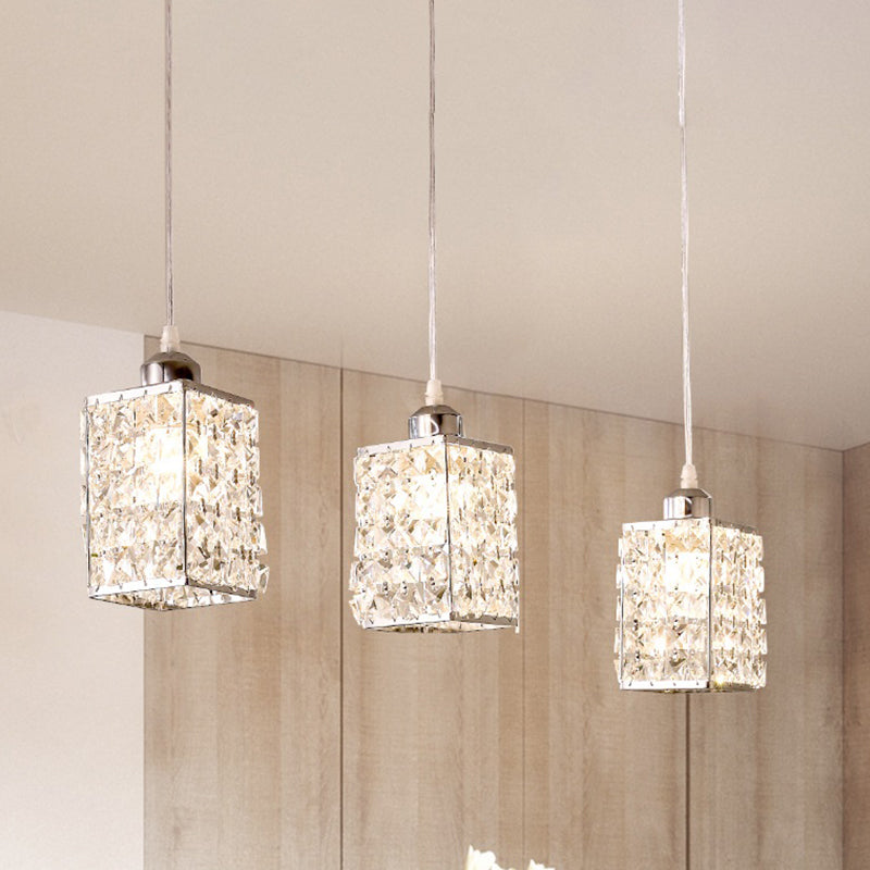 Cuboid Kitchen Suspension Pendant Modern Beveled Cut Crystal 3 Heads Chrome Multiple Hanging Light Clearhalo 'Ceiling Lights' 'Modern Pendants' 'Modern' 'Pendant Lights' 'Pendants' Lighting' 1194125