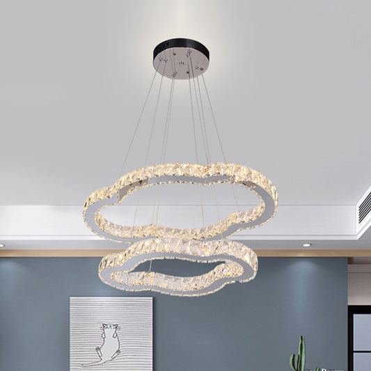 Chrome Finish LED Chandelier Simple Inlaid Crystal 2-Tier Cloud Shaped Pendant Light Kit, Warm/White Light Chrome Clearhalo 'Ceiling Lights' 'Chandeliers' 'Modern Chandeliers' 'Modern' Lighting' 1194136