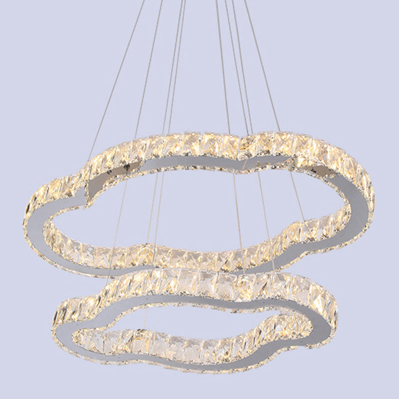 Chrome Finish LED Chandelier Simple Inlaid Crystal 2-Tier Cloud Shaped Pendant Light Kit, Warm/White Light Clearhalo 'Ceiling Lights' 'Chandeliers' 'Modern Chandeliers' 'Modern' Lighting' 1194138