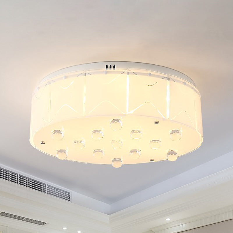 6 Bulbs Drum Flush Mount Modern White Frosted Glass Ceiling Light with Crystal Orb Drop White Clearhalo 'Ceiling Lights' 'Close To Ceiling Lights' 'Close to ceiling' 'Flush mount' Lighting' 1194152
