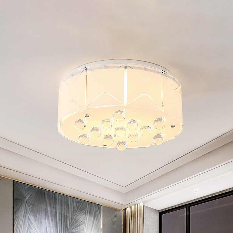 6 Bulbs Drum Flush Mount Modern White Frosted Glass Ceiling Light with Crystal Orb Drop Clearhalo 'Ceiling Lights' 'Close To Ceiling Lights' 'Close to ceiling' 'Flush mount' Lighting' 1194153
