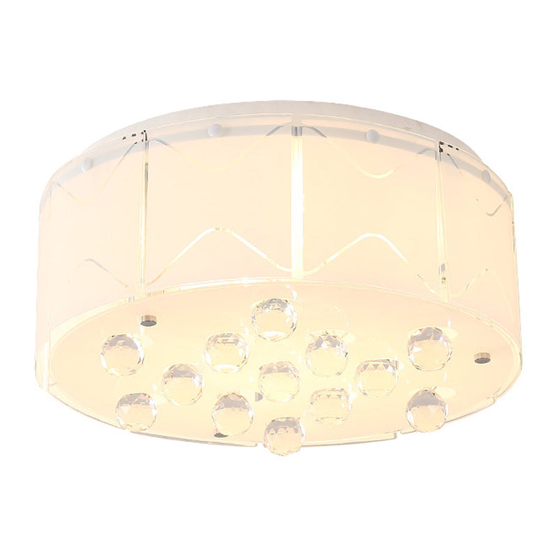 6 Bulbs Drum Flush Mount Modern White Frosted Glass Ceiling Light with Crystal Orb Drop Clearhalo 'Ceiling Lights' 'Close To Ceiling Lights' 'Close to ceiling' 'Flush mount' Lighting' 1194154