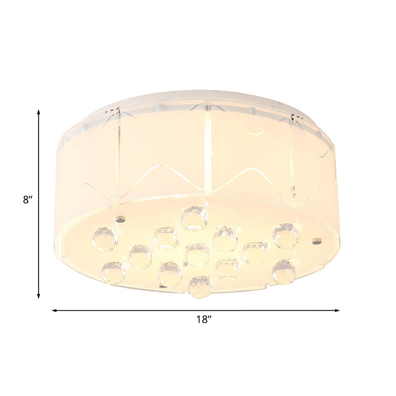 6 Bulbs Drum Flush Mount Modern White Frosted Glass Ceiling Light with Crystal Orb Drop Clearhalo 'Ceiling Lights' 'Close To Ceiling Lights' 'Close to ceiling' 'Flush mount' Lighting' 1194155