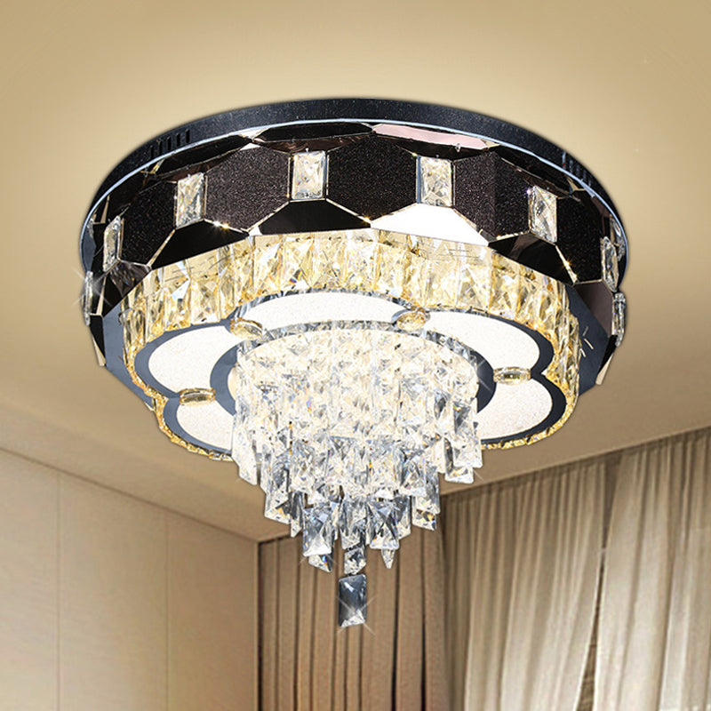 LED Crystal Flush Mount Light Modernism Stainless Steel Tapered Bedroom Ceiling Fixture with Floral Edge - Stainless-Steel - Clearhalo - 'Ceiling Lights' - 'Close To Ceiling Lights' - 'Close to ceiling' - 'Flush mount' - Lighting' - 1194196