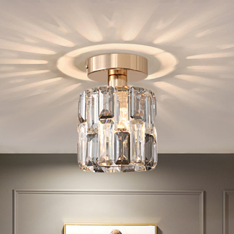 1 Bulb Cylinder Small Flush Light Postmodern Clear/Smoke Grey Crystal Semi Flush Mount Ceiling Light Clearhalo 'Ceiling Lights' 'Close To Ceiling Lights' 'Close to ceiling' 'Semi-flushmount' Lighting' 1194293