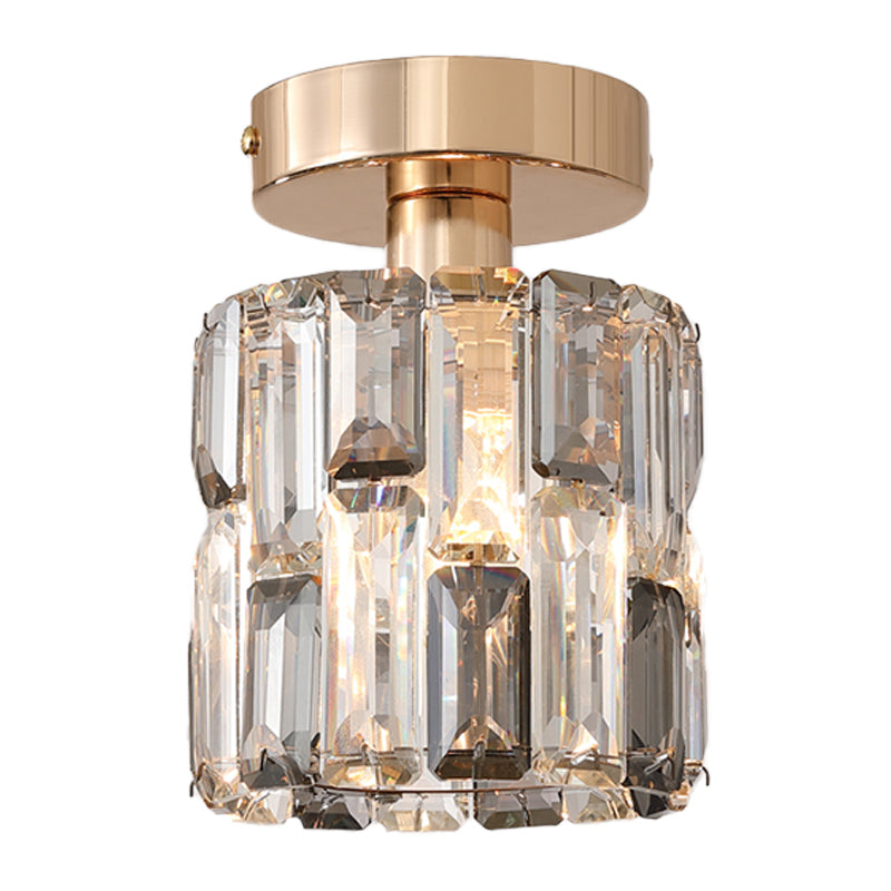 1 Bulb Cylinder Small Flush Light Postmodern Clear/Smoke Grey Crystal Semi Flush Mount Ceiling Light Clearhalo 'Ceiling Lights' 'Close To Ceiling Lights' 'Close to ceiling' 'Semi-flushmount' Lighting' 1194294