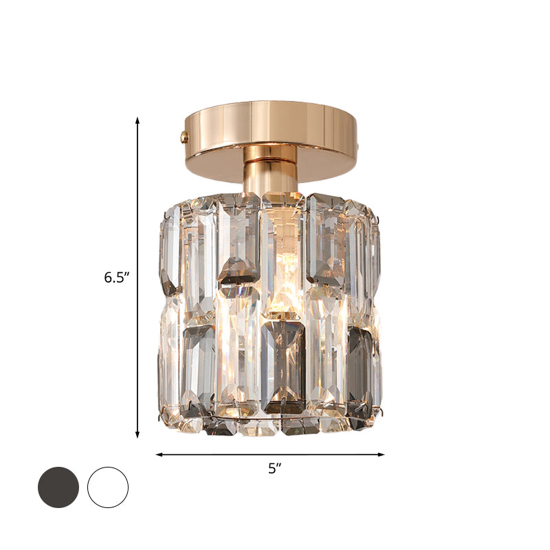 1 Bulb Cylinder Small Flush Light Postmodern Clear/Smoke Grey Crystal Semi Flush Mount Ceiling Light Clearhalo 'Ceiling Lights' 'Close To Ceiling Lights' 'Close to ceiling' 'Semi-flushmount' Lighting' 1194295
