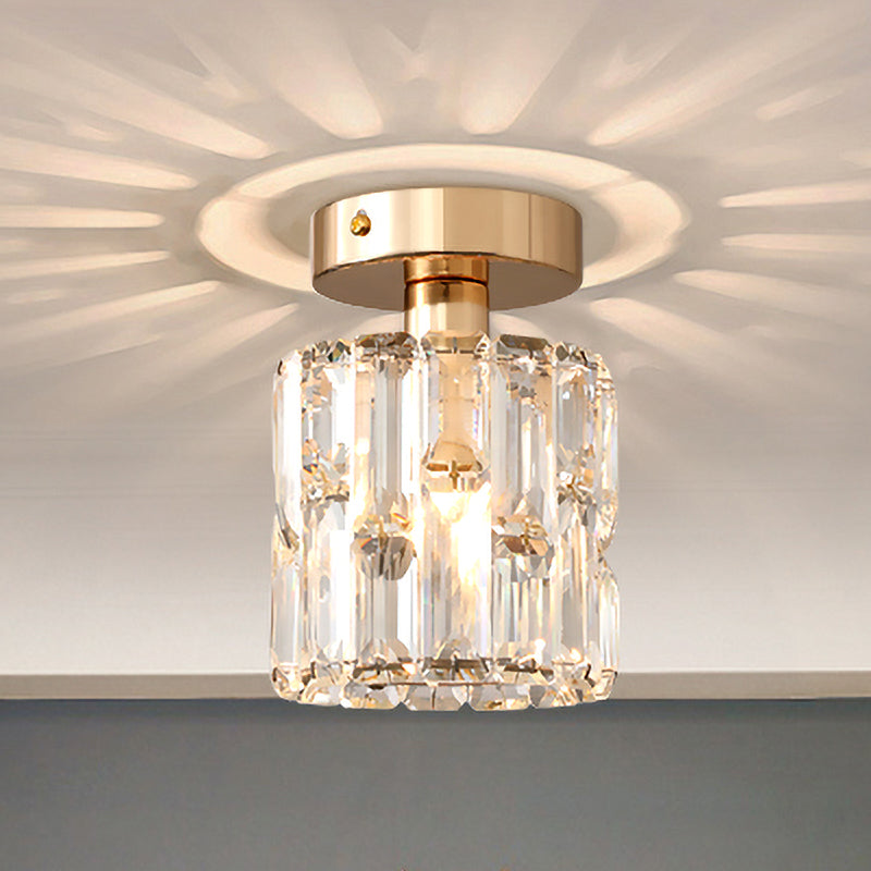 1 Bulb Cylinder Small Flush Light Postmodern Clear/Smoke Grey Crystal Semi Flush Mount Ceiling Light Clear Clearhalo 'Ceiling Lights' 'Close To Ceiling Lights' 'Close to ceiling' 'Semi-flushmount' Lighting' 1194296