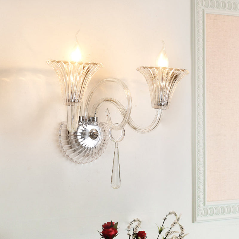 Modern Style Flared Wall Lamp 2-Light Clear Glass Wall Mount Light Fixture with Crystal Accent Clearhalo 'Modern wall lights' 'Modern' 'Wall Lamps & Sconces' 'Wall Lights' Lighting' 1194318