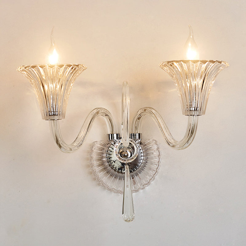 Modern Style Flared Wall Lamp 2-Light Clear Glass Wall Mount Light Fixture with Crystal Accent Clearhalo 'Modern wall lights' 'Modern' 'Wall Lamps & Sconces' 'Wall Lights' Lighting' 1194319