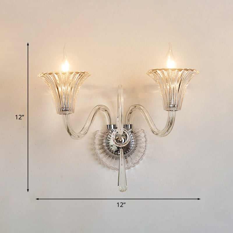 Modern Style Flared Wall Lamp 2-Light Clear Glass Wall Mount Light Fixture with Crystal Accent Clearhalo 'Modern wall lights' 'Modern' 'Wall Lamps & Sconces' 'Wall Lights' Lighting' 1194320
