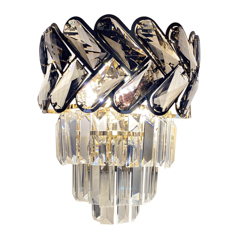 2 Lights Clear Crystal Flush Wall Sconce Modernist Black 4-Tier Tapered Family Room Wall Mounted Light Clearhalo 'Cast Iron' 'Glass' 'Industrial' 'Modern wall lights' 'Modern' 'Tiffany' 'Traditional wall lights' 'Wall Lamps & Sconces' 'Wall Lights' Lighting' 1194331