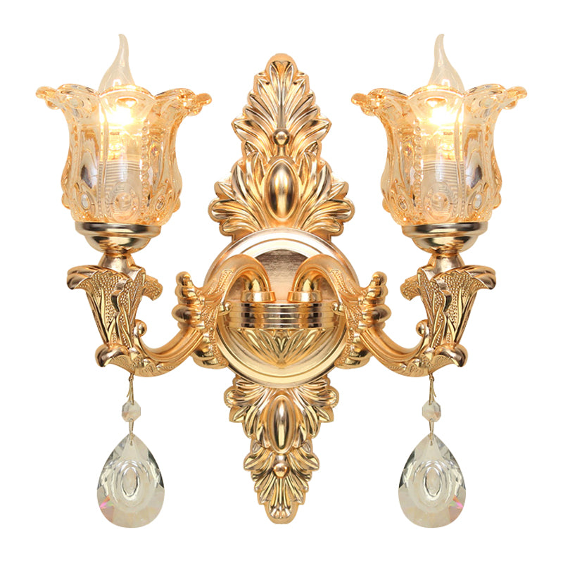 Bellflower Amber Glass Wall Lamp Kit Antique 2 Lights Living Room Sconce Light Fixture in Gold Clearhalo 'Wall Lamps & Sconces' 'Wall Lights' Lighting' 1194352