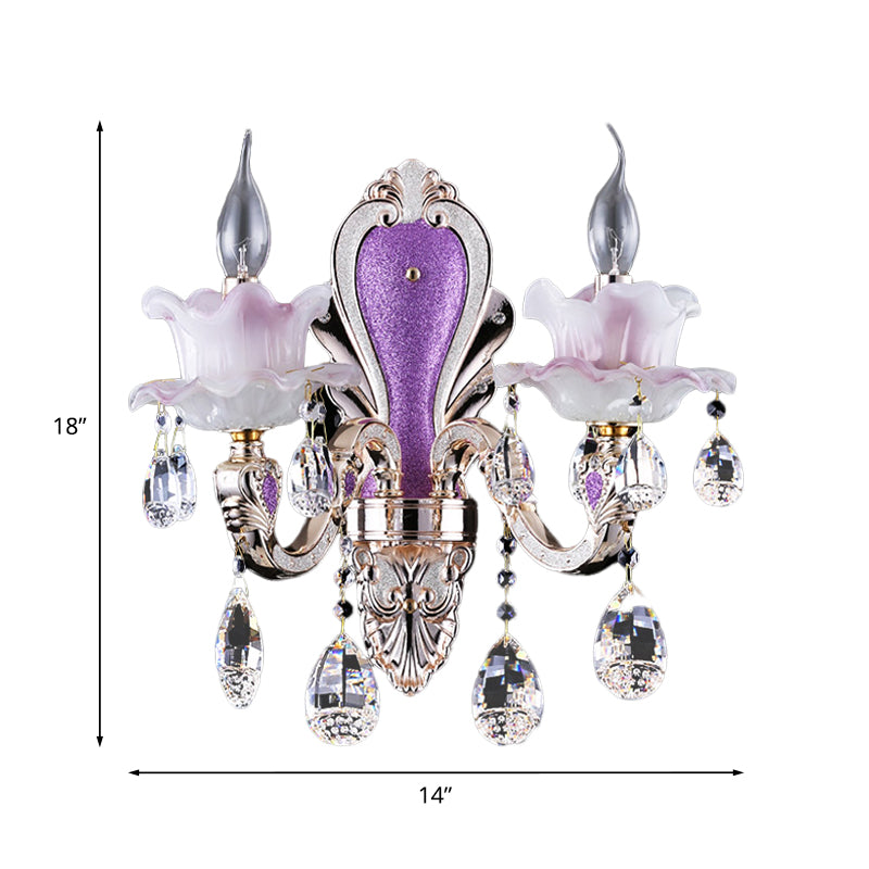 Frosted Glass Purple Wall Lighting Ruffle 1/2-Bulb Modern Style Wall Sconce Light with Teardrop Crystal Drops Clearhalo 'Modern wall lights' 'Modern' 'Wall Lamps & Sconces' 'Wall Lights' Lighting' 1194371