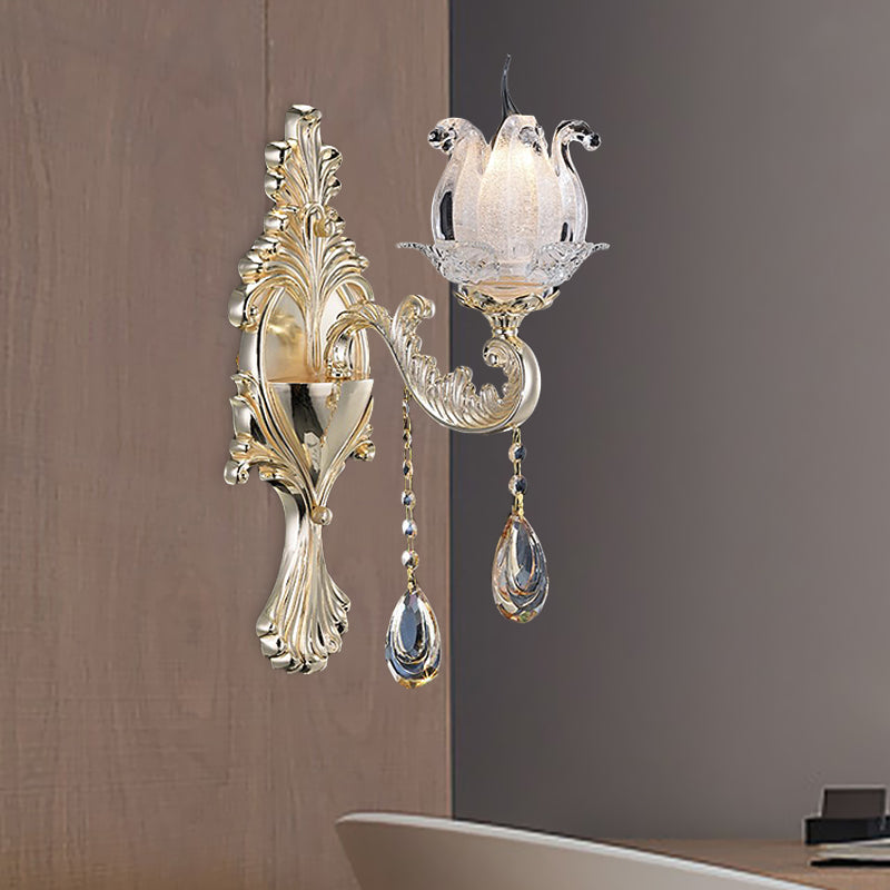 1/2-Light Frosted Glass Sconce Traditional Gold Semi-Open Flower Living Room Wall Mounted Light 1.0 Gold Clearhalo 'Modern wall lights' 'Modern' 'Wall Lamps & Sconces' 'Wall Lights' Lighting' 1194376