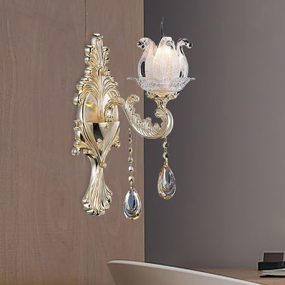 1/2-Light Frosted Glass Sconce Traditional Gold Semi-Open Flower Living Room Wall Mounted Light 1.0 Gold Clearhalo 'Modern wall lights' 'Modern' 'Wall Lamps & Sconces' 'Wall Lights' Lighting' 1194376