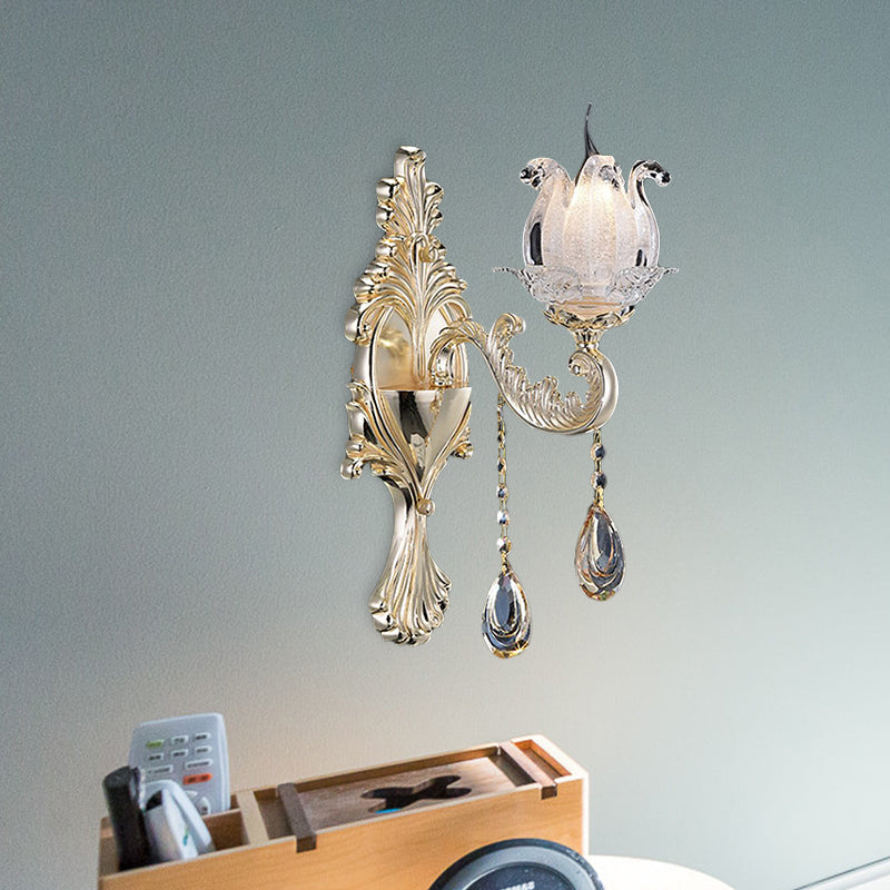 1/2-Light Frosted Glass Sconce Traditional Gold Semi-Open Flower Living Room Wall Mounted Light Clearhalo 'Modern wall lights' 'Modern' 'Wall Lamps & Sconces' 'Wall Lights' Lighting' 1194377