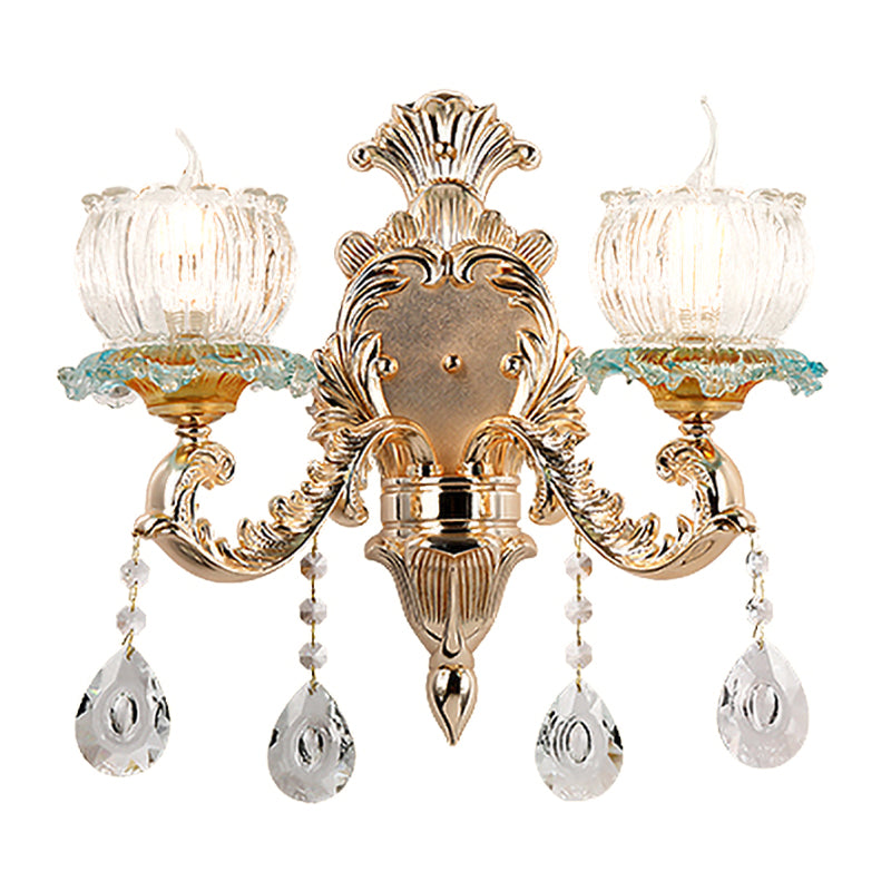 Bowl Crystal Wall Mount Lamp Traditional 2 Lights Restaurant Wall Lighting Ideas in Gold Clearhalo 'Modern wall lights' 'Modern' 'Wall Lamps & Sconces' 'Wall Lights' Lighting' 1194390