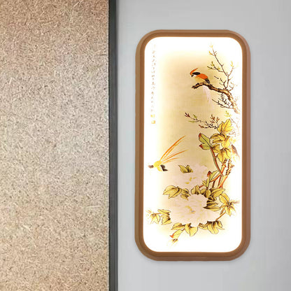 Fabric Rectangle Leaf and Bird Mural Light Chinese Style LED Yellow Wall Mount Light Yellow Clearhalo 'Wall Lamps & Sconces' 'Wall Lights' Lighting' 1194480