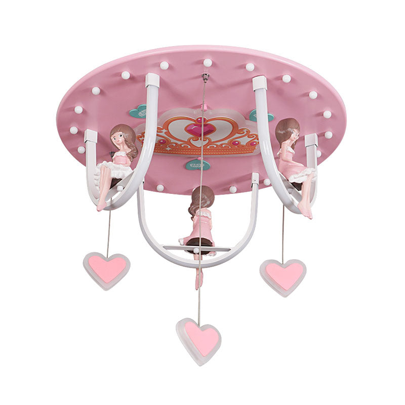 Cartoon Girl and Swing Flush Lamp Resin Kids Room LED Lighting Fixture with Loving Heart Detail in Pink