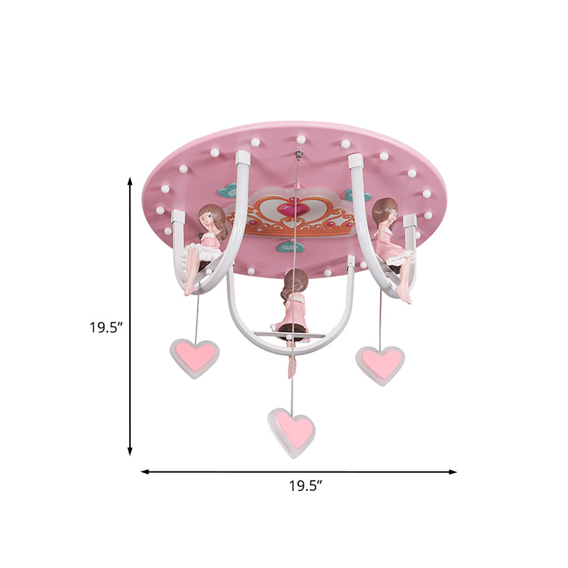 Cartoon Girl and Swing Flush Lamp Resin Kids Room LED Lighting Fixture with Loving Heart Detail in Pink