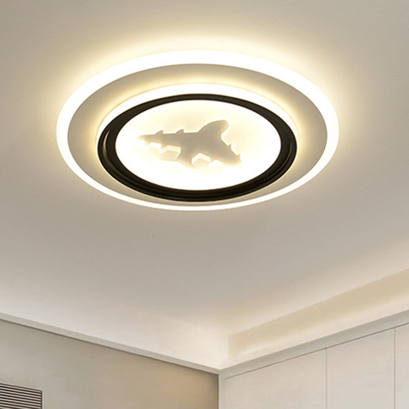Black and White Round Flush Light Fixture Cartoon LED Acrylic Flush Mount Lamp with Airplane/Deer Pattern - Black-White - Airplane - Clearhalo - 'Ceiling Lights' - 'Close To Ceiling Lights' - 'Close to ceiling' - 'Flush mount' - Lighting' - 1194683