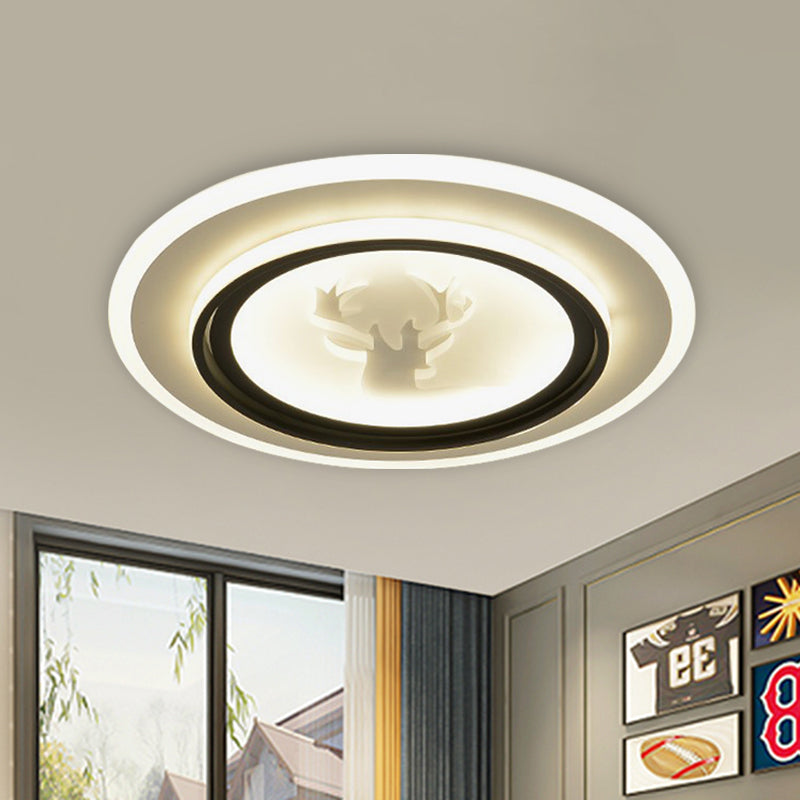 Black and White Round Flush Light Fixture Cartoon LED Acrylic Flush Mount Lamp with Airplane/Deer Pattern - Black-White - Deer - Clearhalo - 'Ceiling Lights' - 'Close To Ceiling Lights' - 'Close to ceiling' - 'Flush mount' - Lighting' - 1194687