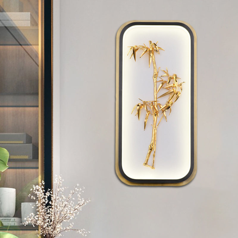 Rectangle Bamboo Leaf Wall Light Chinese Style Metallic LED Gold Wall Mural Lamp for Corridor Gold A Clearhalo 'Wall Lamps & Sconces' 'Wall Lights' Lighting' 1194865