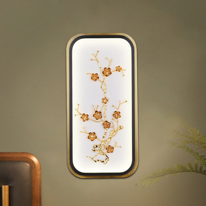 Metallic Rectangle Plum Blossom Mural Light Oriental Style LED Wall Mounted Light Fixture in Gold Gold A Clearhalo 'Wall Lamps & Sconces' 'Wall Lights' Lighting' 1194878