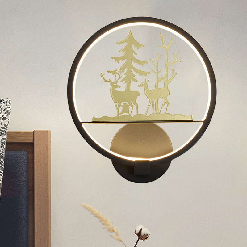 LED Bedroom Elk Patterned Wall Mural Light Minimalist Black Wall Lighting Idea with Rounded Metallic Shade Black B Clearhalo 'Wall Lamps & Sconces' 'Wall Lights' Lighting' 1194928