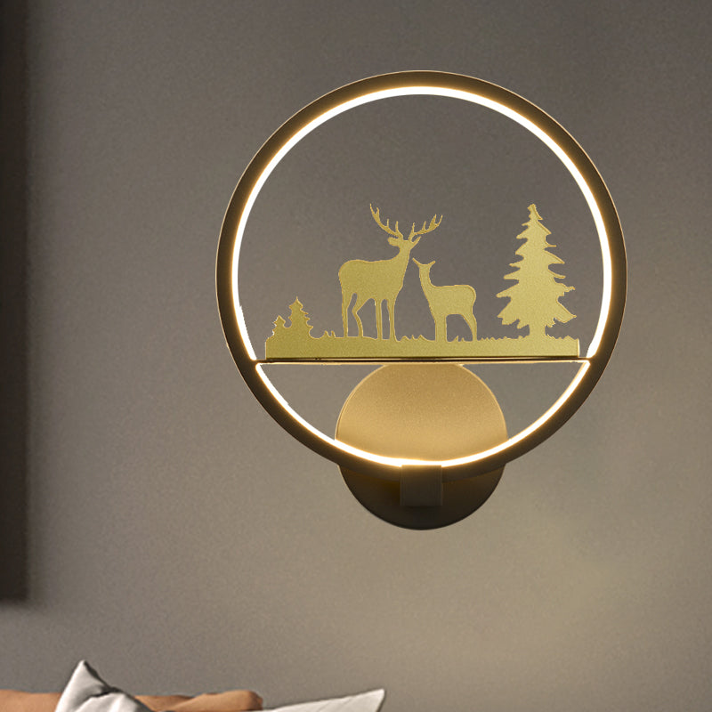LED Bedroom Elk Patterned Wall Mural Light Minimalist Black Wall Lighting Idea with Rounded Metallic Shade Black A Clearhalo 'Wall Lamps & Sconces' 'Wall Lights' Lighting' 1194932