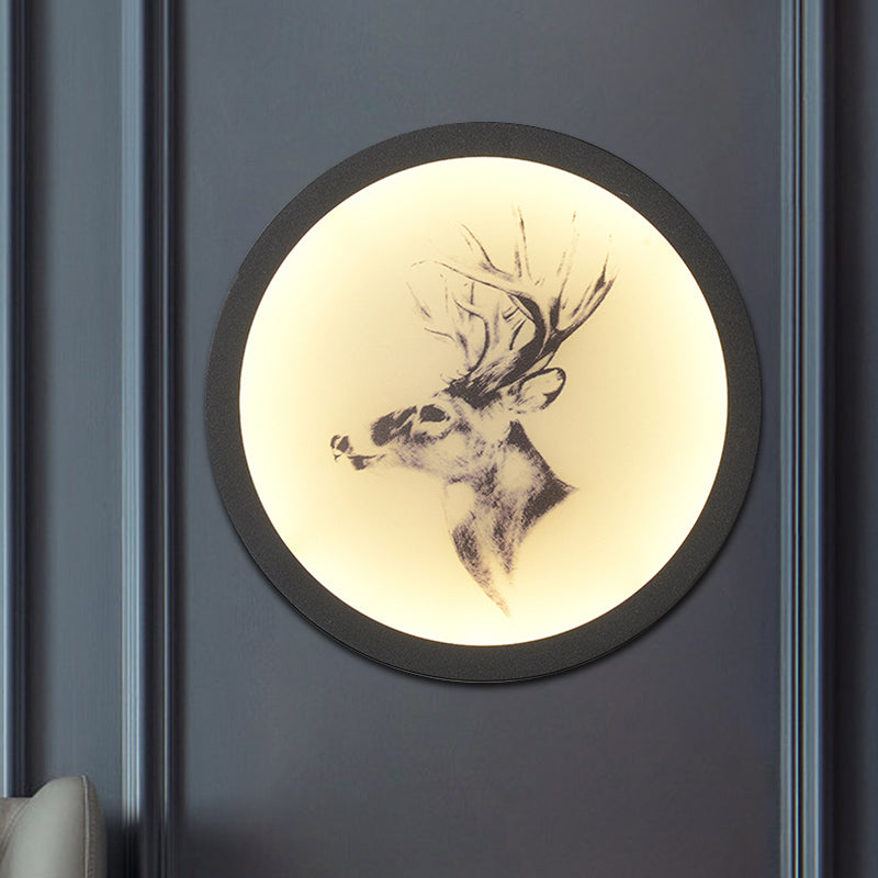 Contemporary Style LED Elk Deer Mural Light Acrylic White Circular Wall Mounted Lighting Black E Clearhalo 'Wall Lamps & Sconces' 'Wall Lights' Lighting' 1194982
