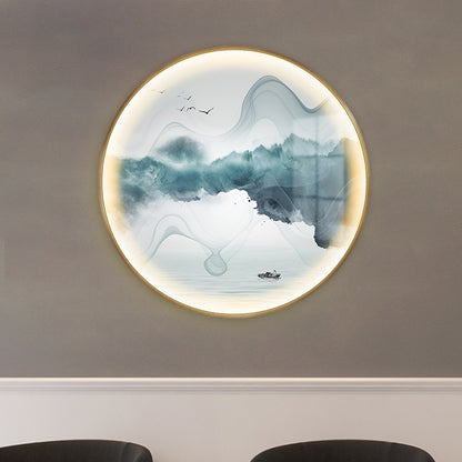 Gold Circular Mountain and Lake Mural Light Chinese LED Metallic Wall Lighting Idea Gold B Clearhalo 'Wall Lamps & Sconces' 'Wall Lights' Lighting' 1195065